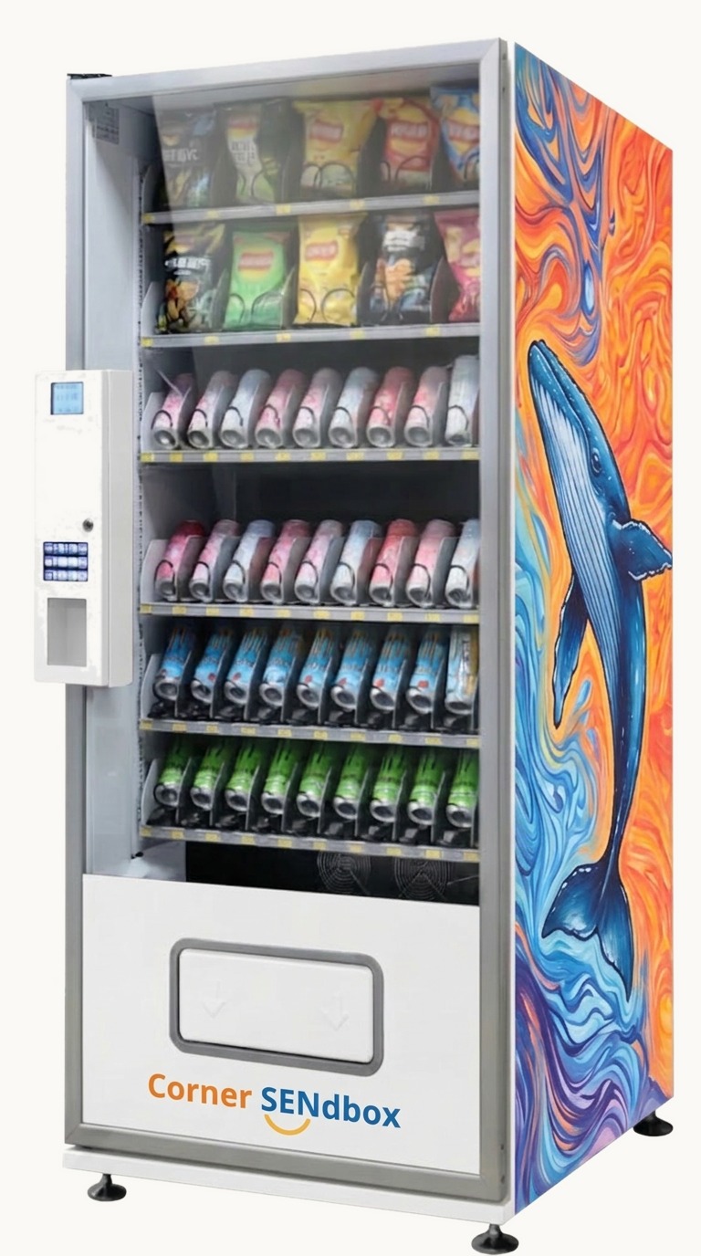 Corner SENdbox demo vending machine wrapped in vibrant original whale artwork